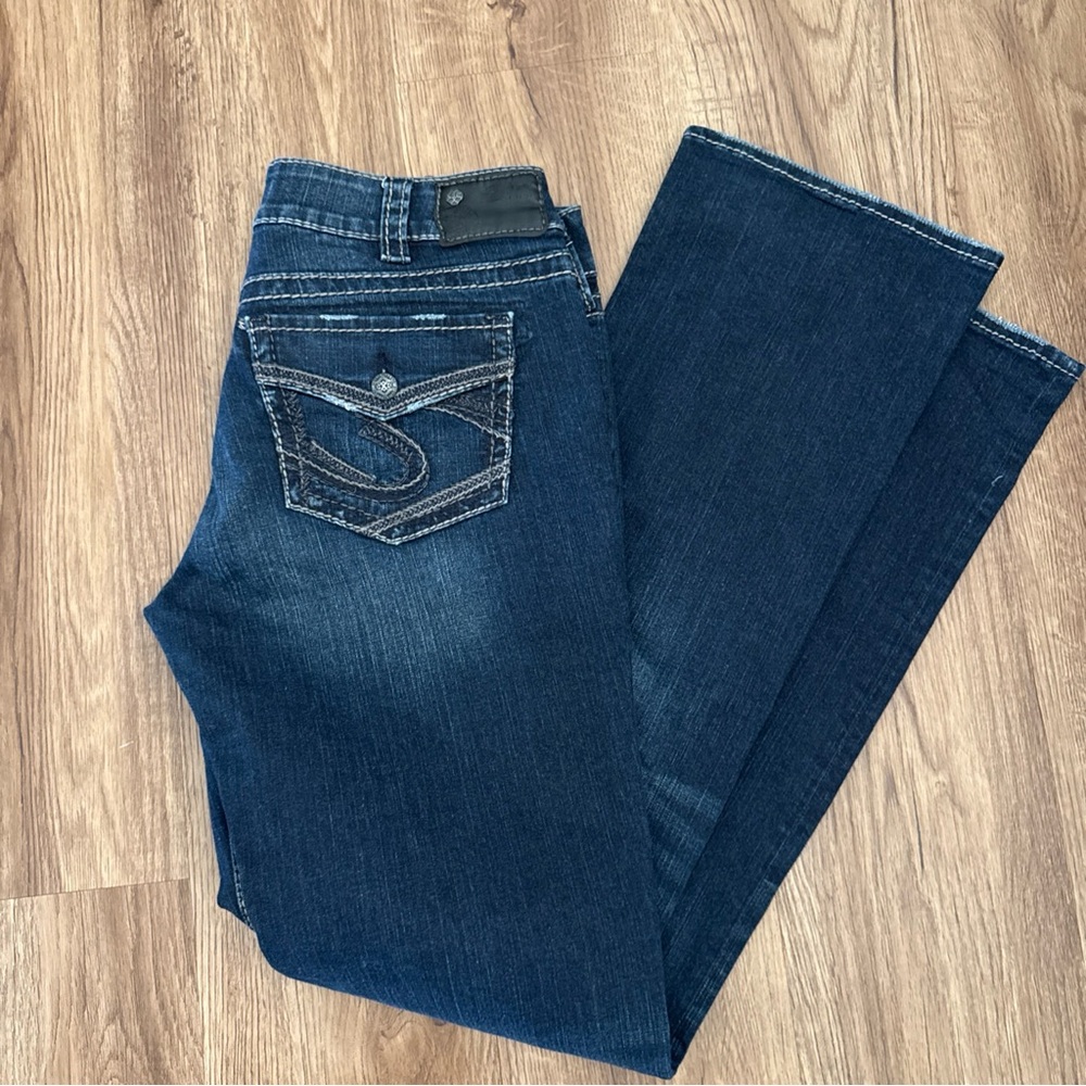 Silver Jeans Suki Mid Slim Boot Mid Rise Dark  Wash Jeans SZ 31x35 Stretch